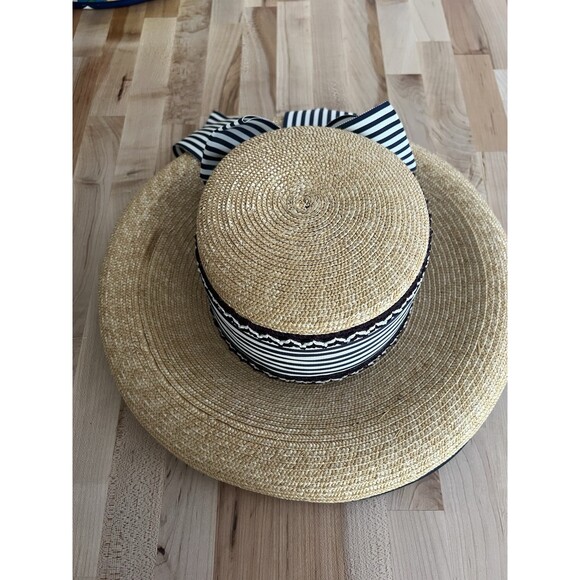 Whittall & Shon Accessories - Vintage Women's Straw Boater Hat Wide Brim Blue White Grosgrain Ribbon Bow